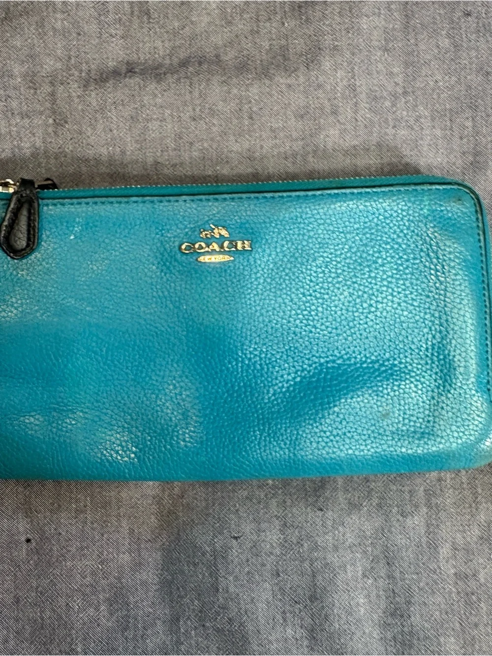 Coach Turquoise Pebbled Leather Wristlet with Gold Logo